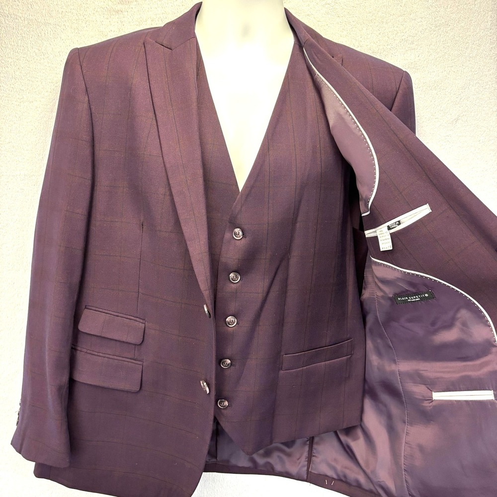NWT Alain Dupetit Blazer Vest 2 Pc Set Mens 44S‎ Purple Plaid Formal Suit Jacket